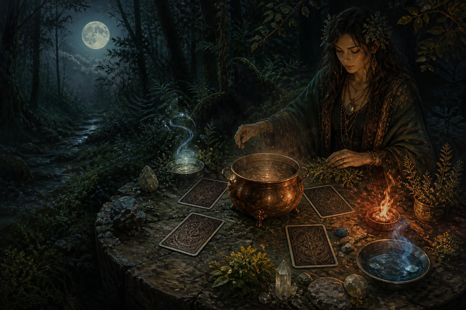 Un cerchio della strega con quattro carte originali, erbe e un calderone al chiaro di luna