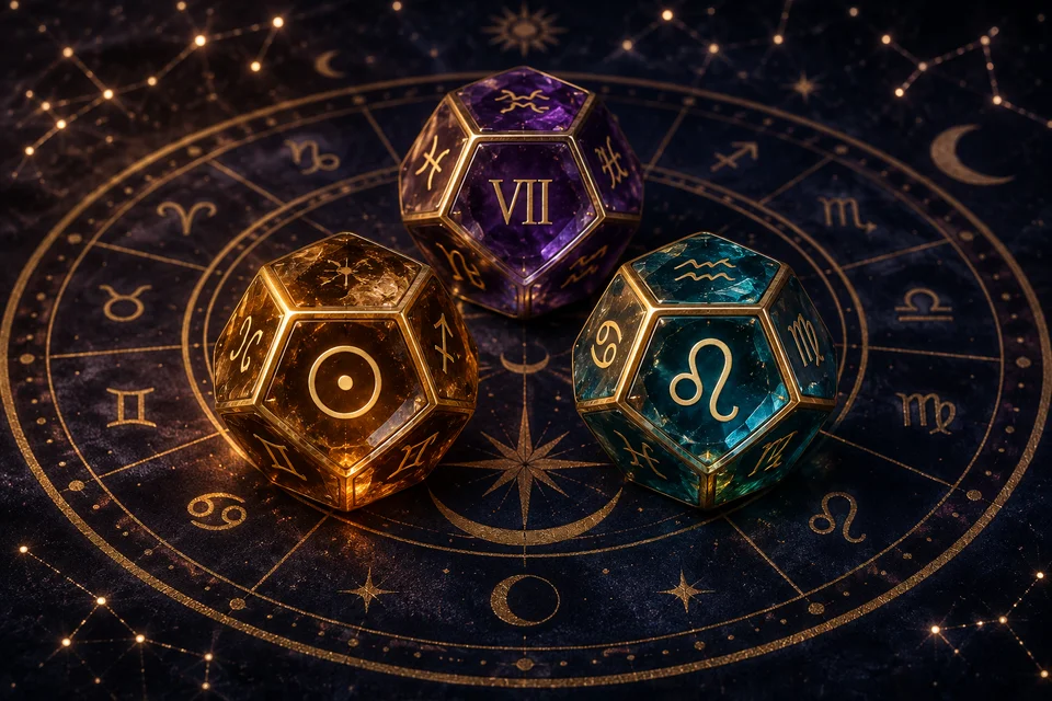 Tre dadi astrologici di cristallo ambrato, turchese e viola su una ruota celeste