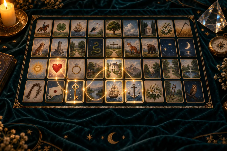 Carte Lenormand sul velluto verde, collegate da fili di luce