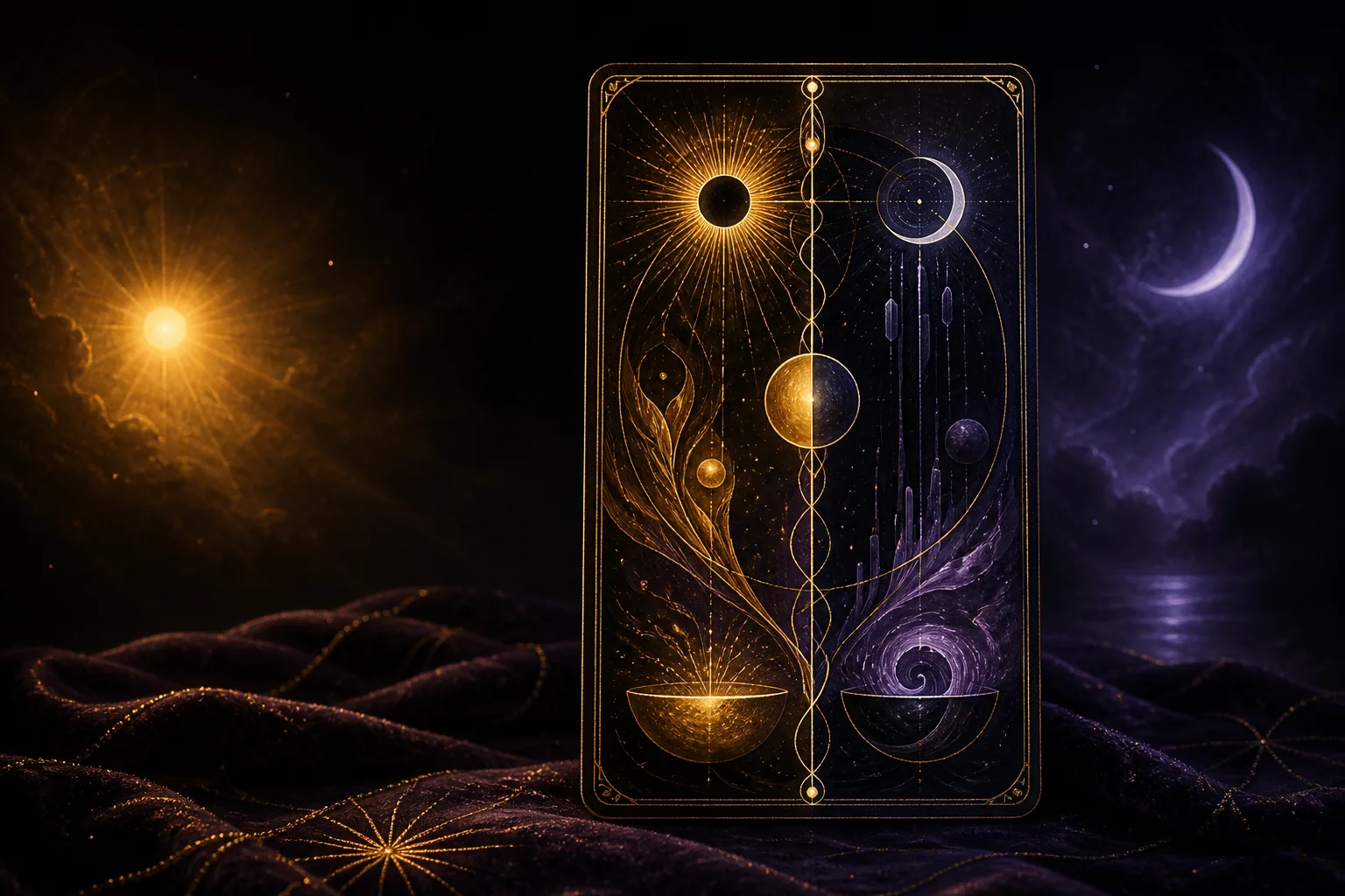 Una carta simbolica originale illuminata da un sole dorato e da una luna viola su velluto scuro
