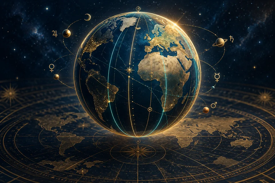 Globo terrestre blu attraversato da linee planetarie dorate