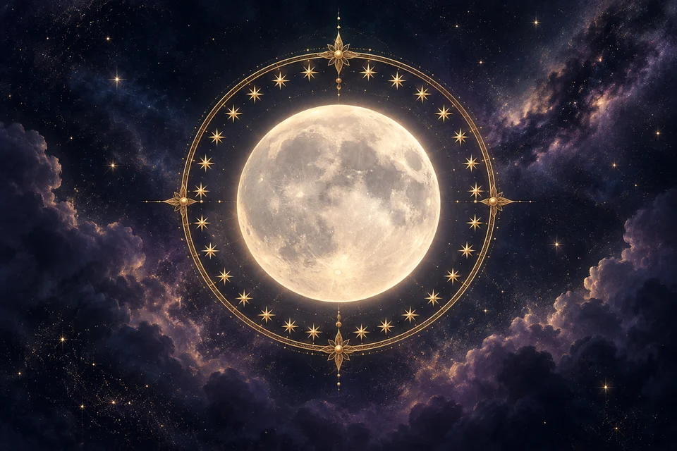 Luna luminosa circondata da un anello dorato di stelle su un cielo indaco