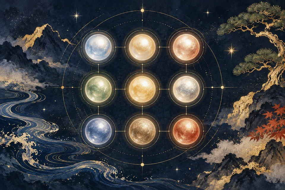 Nove luci su uno sfondo indaco, unite da delicate orbite dorate