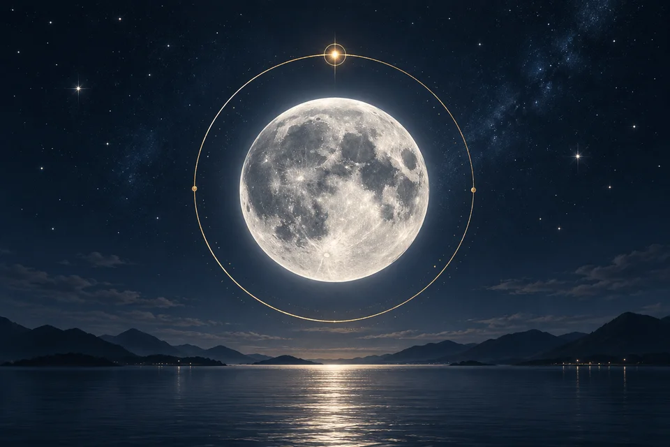 Una Luna argentata nella sua orbita dorata sopra un orizzonte notturno