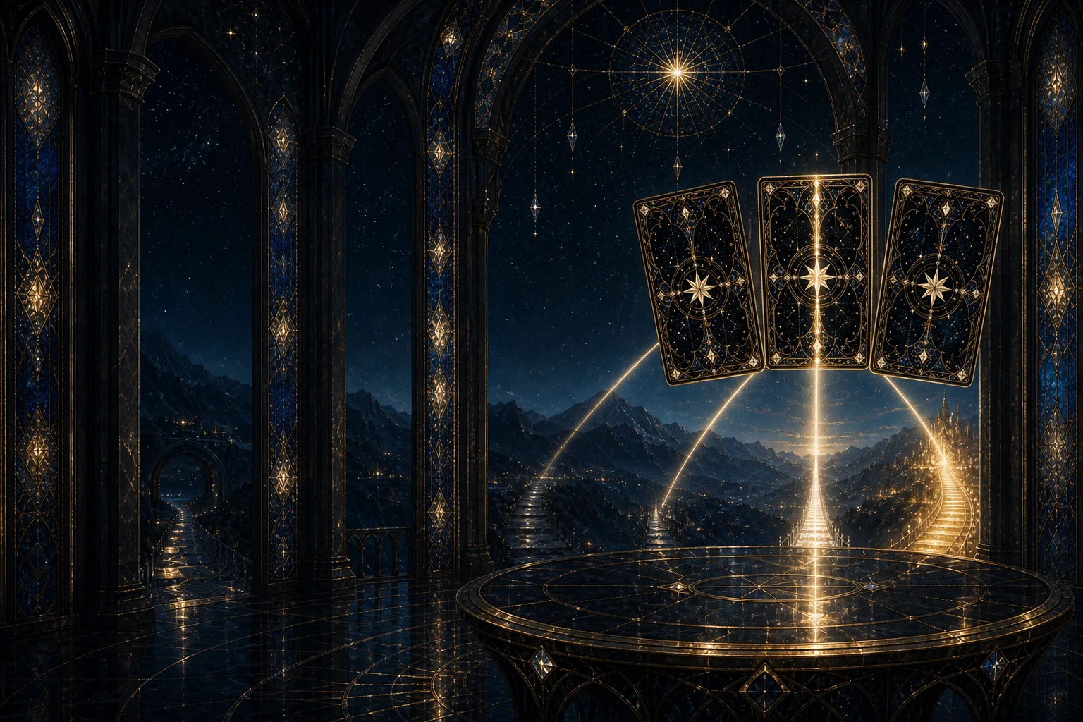 Tre carte dei tarocchi originali illuminate in una galleria di pietra sotto un cielo stellato