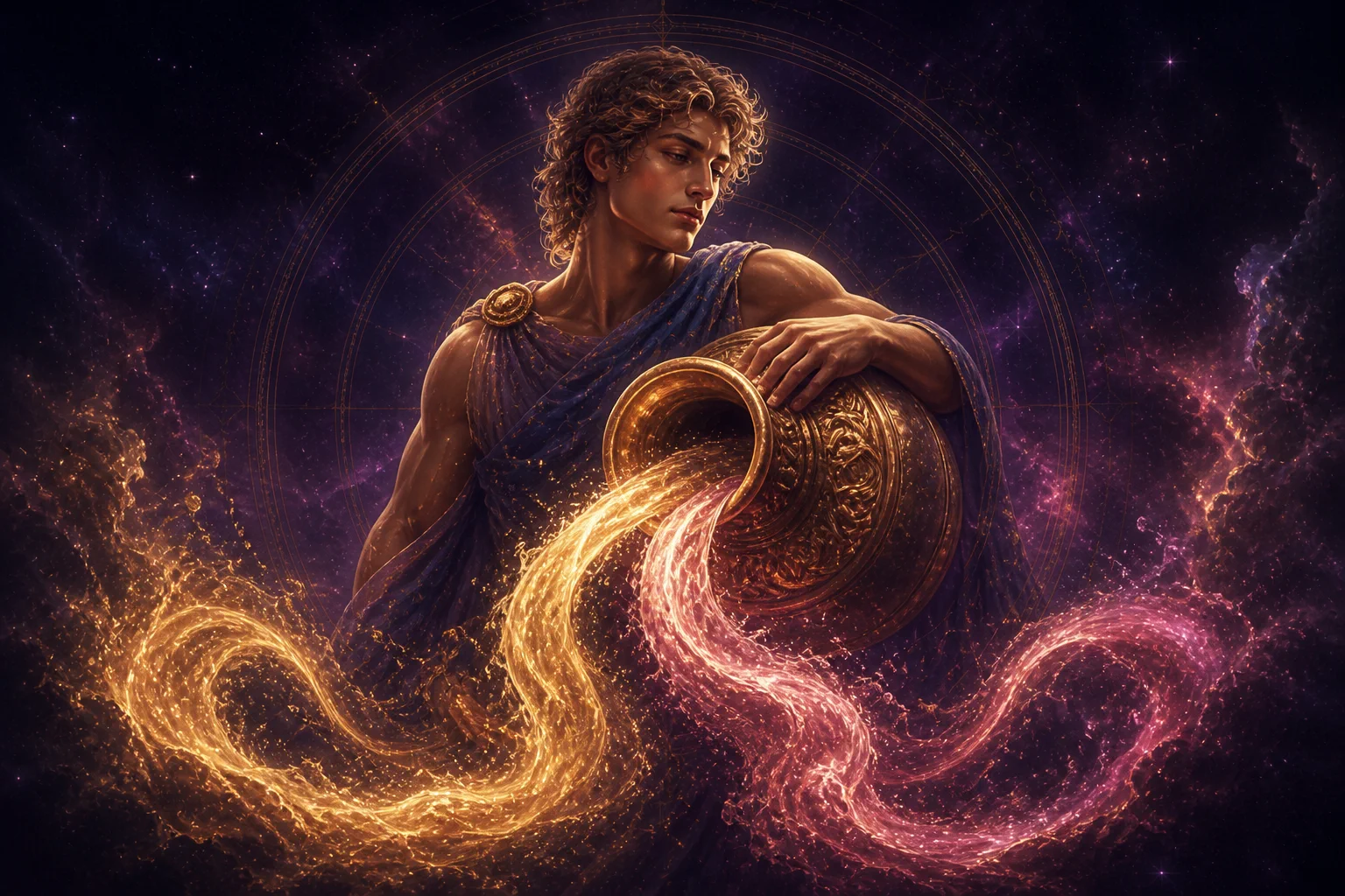 Acquario in amore, avvolto da energia cosmica dorata e rosa