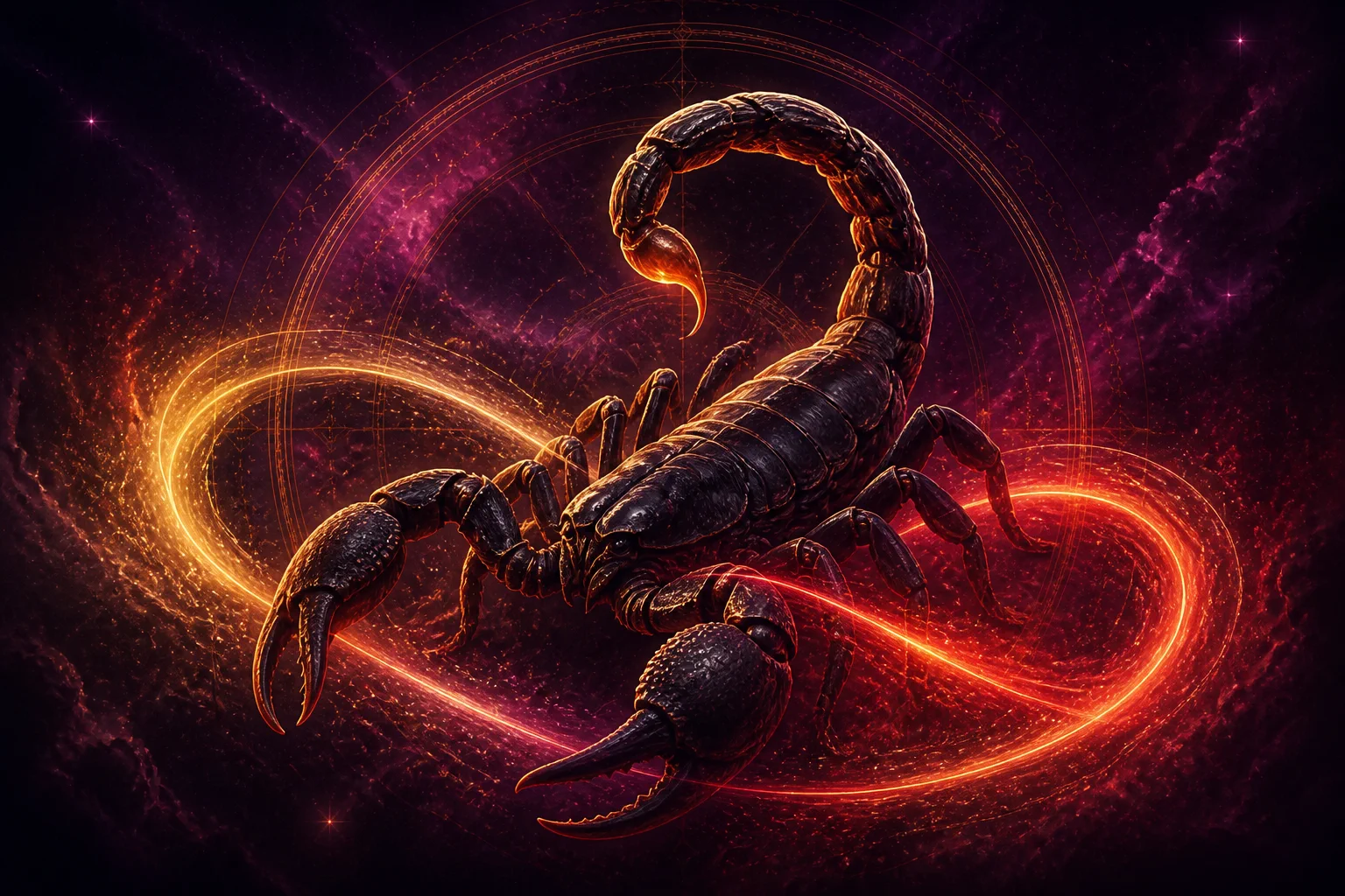 Scorpione in amore, avvolto da energia cosmica dorata e rosa