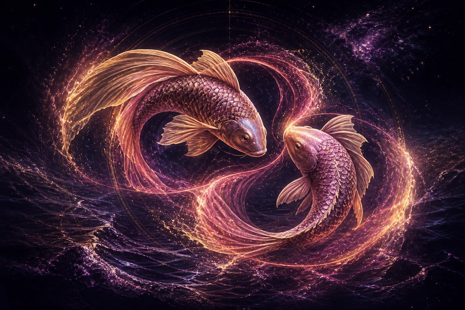 Pesci in amore, avvolto da energia cosmica dorata e rosa