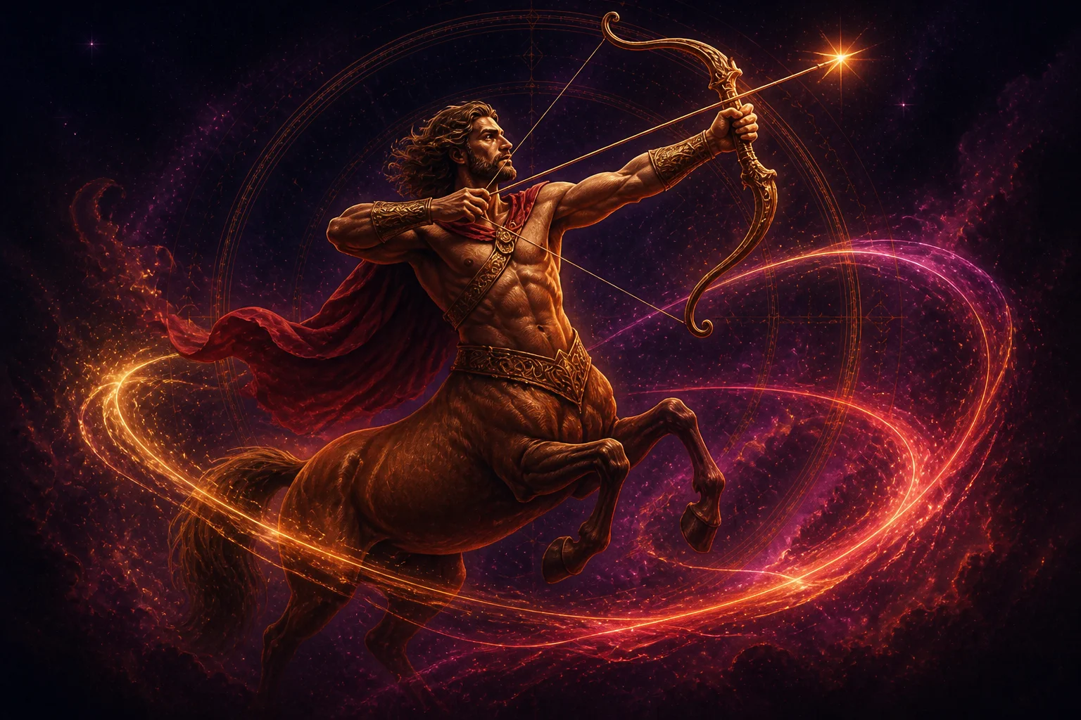 Sagittario in amore, avvolto da energia cosmica dorata e rosa