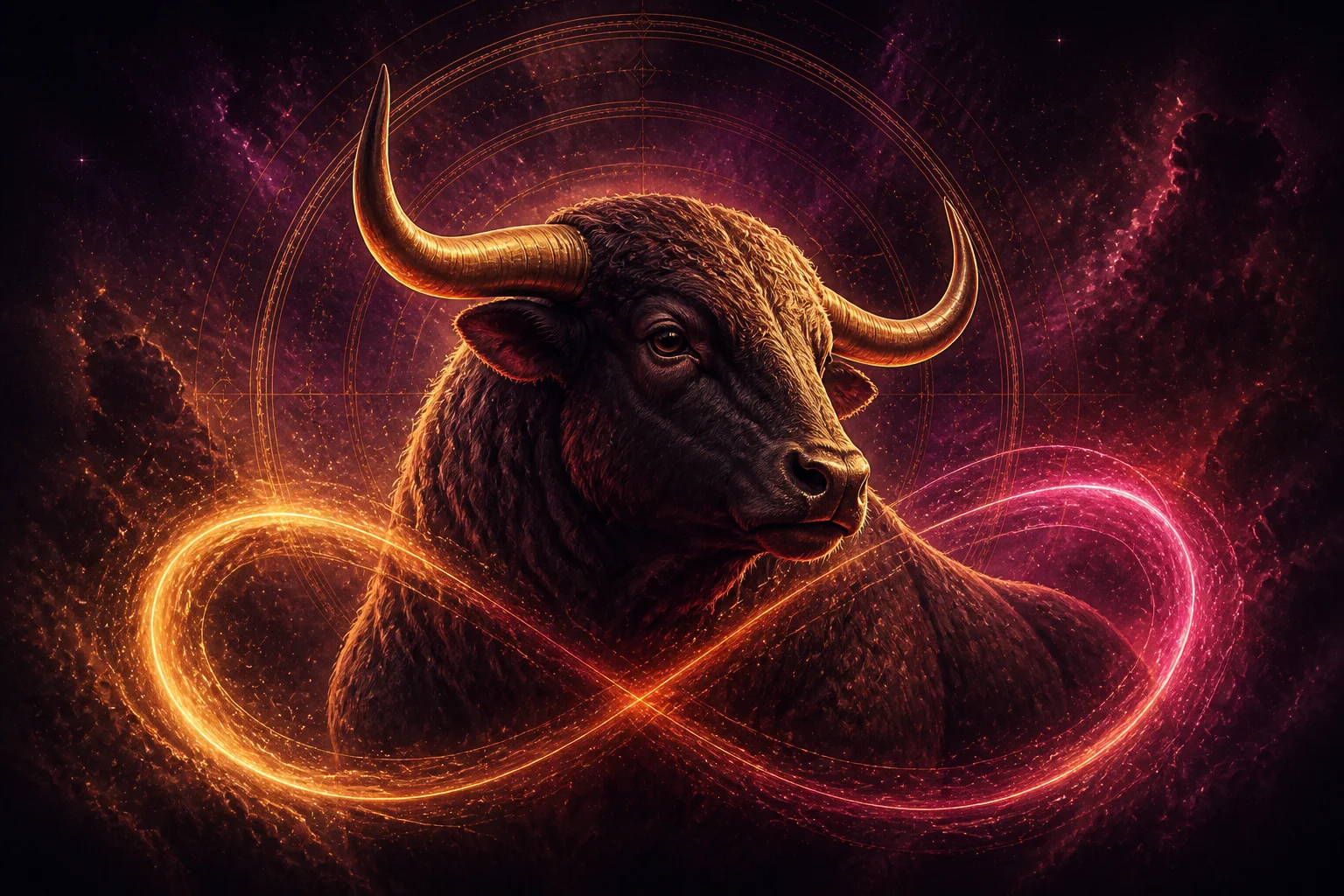 Toro in amore, avvolto da energia cosmica dorata e rosa