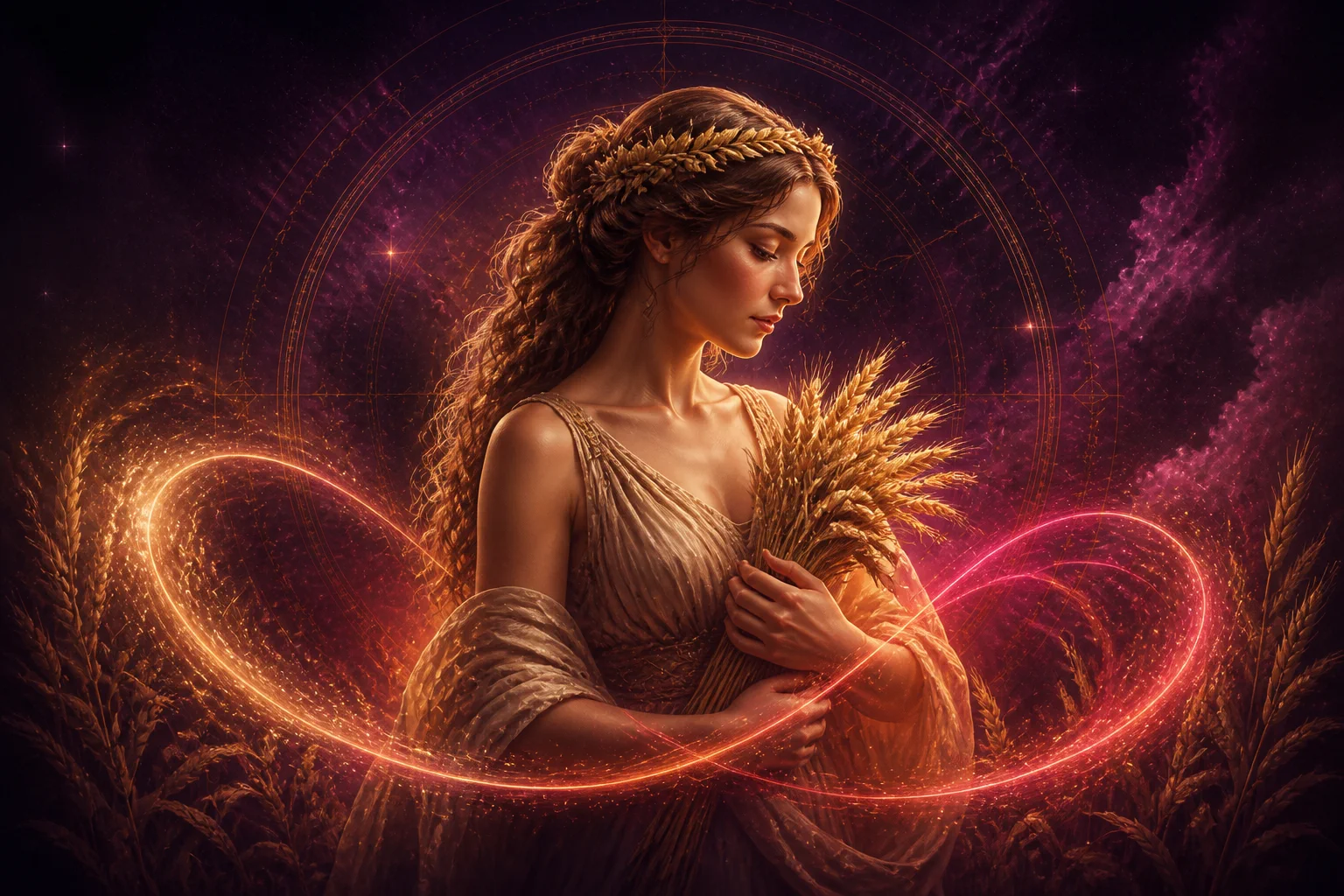 Vergine in amore, avvolto da energia cosmica dorata e rosa