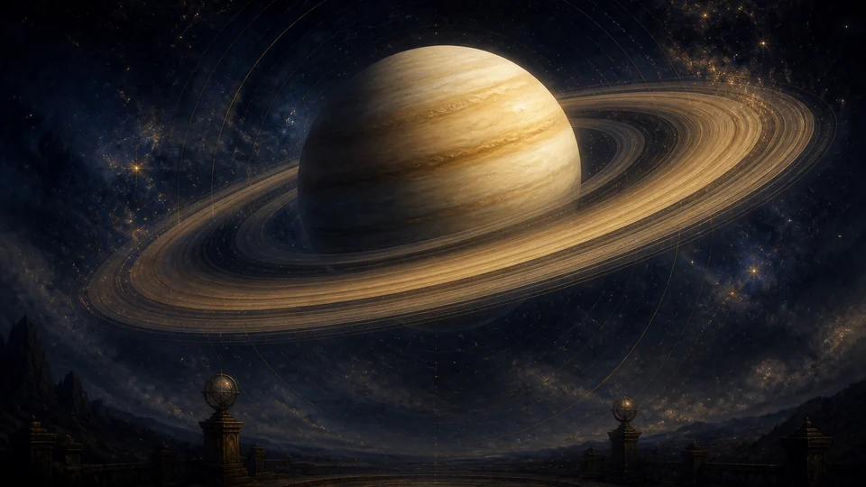 Saturno sopra un osservatorio sotto un cielo stellato